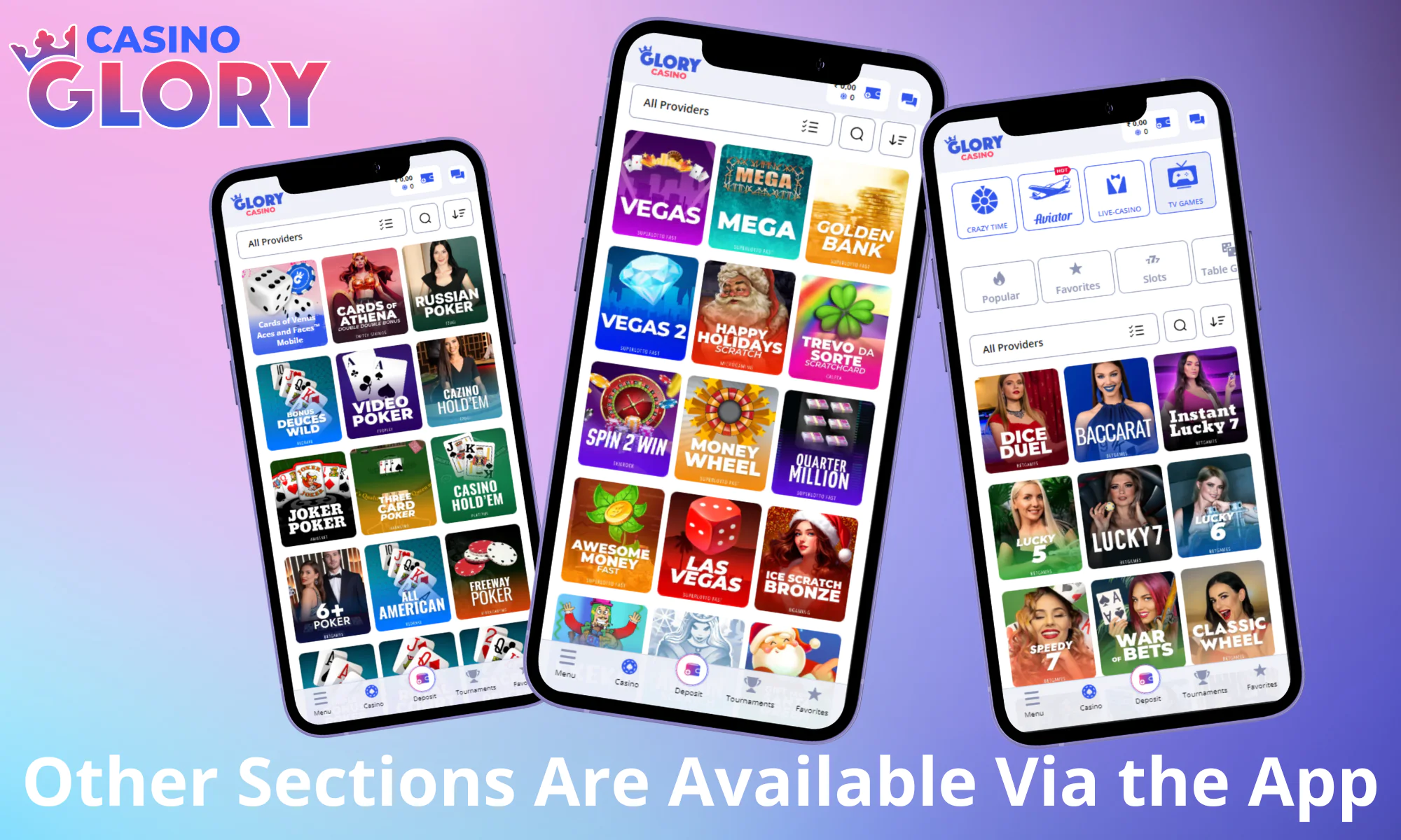 Game categories in the Glory Casino app