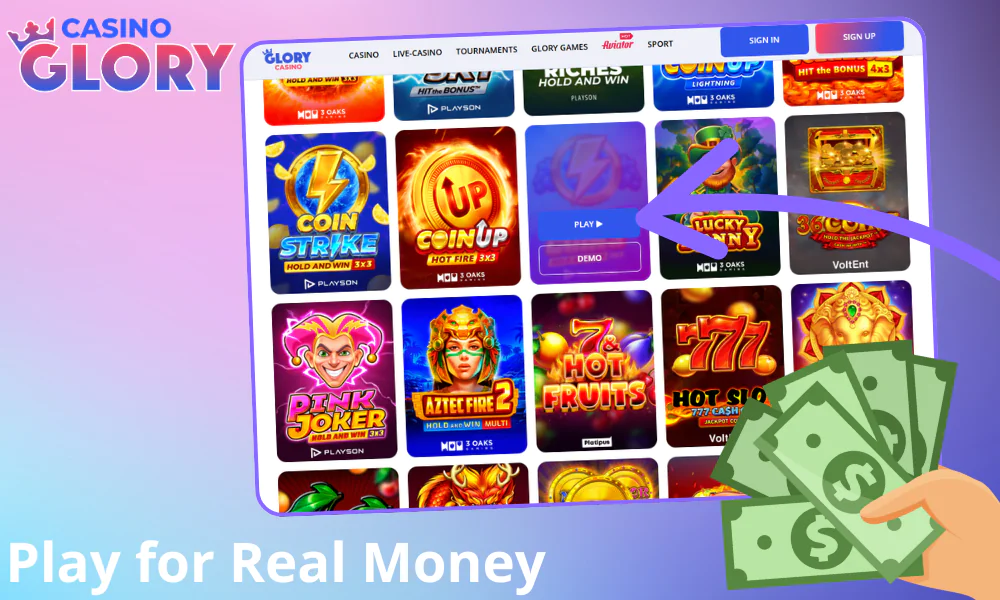 Instructions for starting to play Glory Casino slots for real money